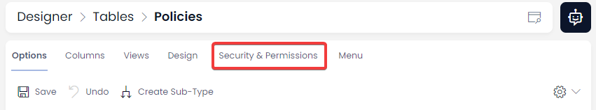 A screenshot that shows the location of the Security &amp; Permissions tab in Designer. This tab allows the user to change the permissions on a particular table.